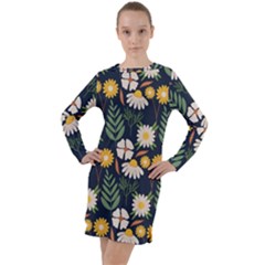 Flower Grey Pattern Floral Long Sleeve Hoodie Dress