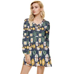 Flower Grey Pattern Floral Tiered Long Sleeve Mini Dress