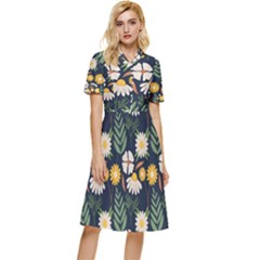 Flower Grey Pattern Floral Button Top Knee Length Dress