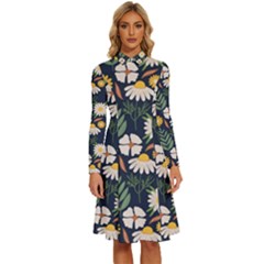 Flower Grey Pattern Floral Long Sleeve Shirt Collar A-line Dress