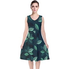 Foliage V-neck Midi Sleeveless Dress 