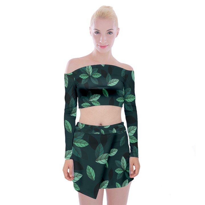 Foliage Off Shoulder Top with Mini Skirt Set