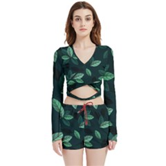 Foliage Velvet Wrap Crop Top And Shorts Set