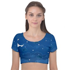 Sky Night Moon Clouds Crescent Velvet Short Sleeve Crop Top  by Proyonanggan