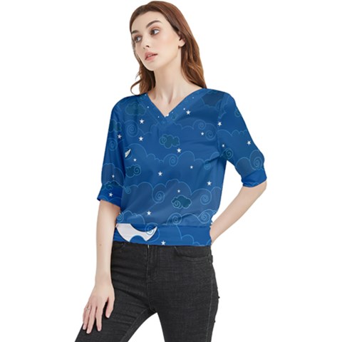 Sky Night Moon Clouds Crescent Quarter Sleeve Blouse by Proyonanggan