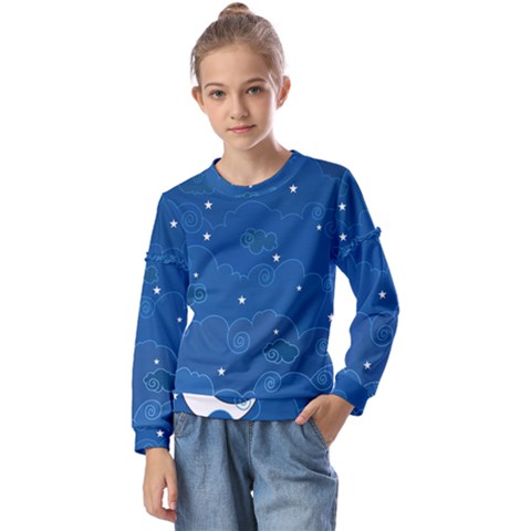 Sky Night Moon Clouds Crescent Kids  Long Sleeve T-shirt With Frill  by Proyonanggan