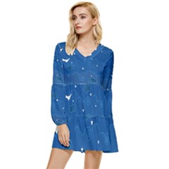 Sky Night Moon Clouds Crescent Tiered Long Sleeve Mini Dress by Proyonanggan