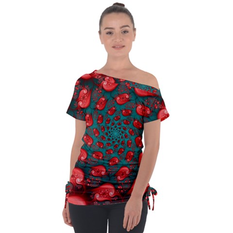 Fractal Red Spiral Abstract Art Off Shoulder Tie-up T-shirt by Proyonanggan