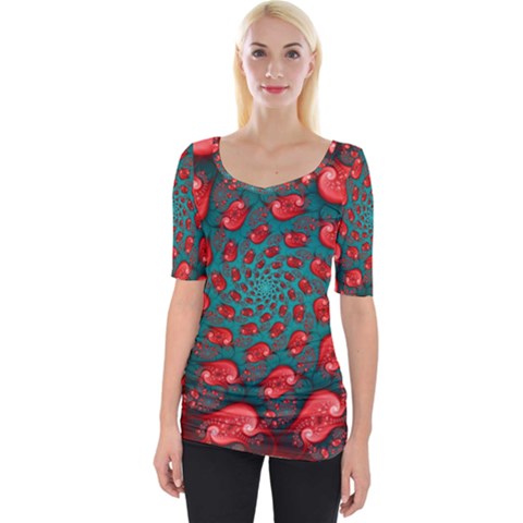 Fractal Red Spiral Abstract Art Wide Neckline T-shirt by Proyonanggan