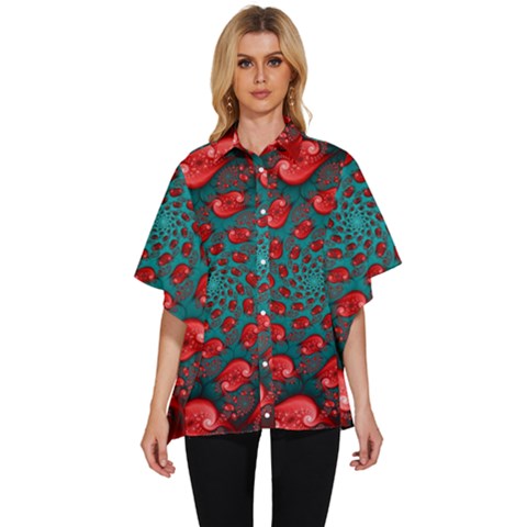 Fractal Red Spiral Abstract Art Women s Batwing Button Up Shirt by Proyonanggan