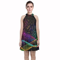 Particles Waves Line Multicoloured Velvet Halter Neckline Dress 