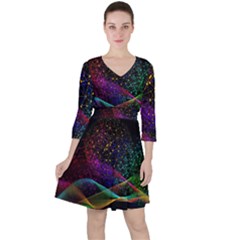 Particles Waves Line Multicoloured Quarter Sleeve Ruffle Waist Dress by Proyonanggan