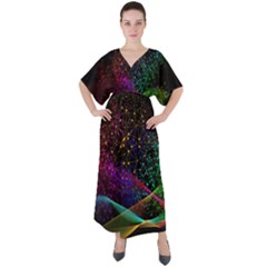 Particles Waves Line Multicoloured V-neck Boho Style Maxi Dress by Proyonanggan