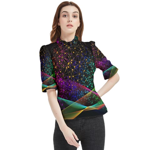 Particles Waves Line Multicoloured Frill Neck Blouse by Proyonanggan