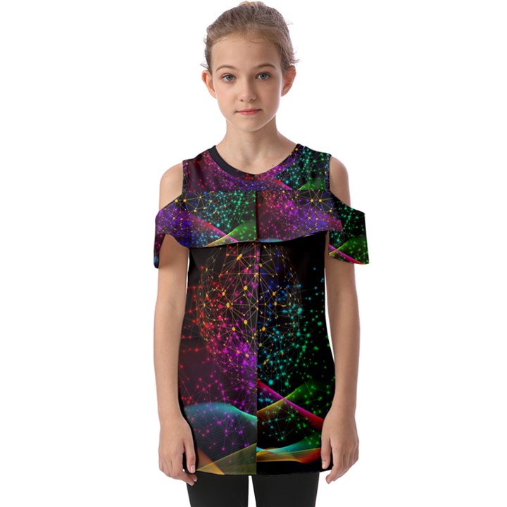 Particles Waves Line Multicoloured Fold Over Open Sleeve Top