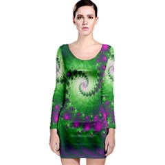 Fractal Spiral Purple Art Green Art Long Sleeve Bodycon Dress by Proyonanggan