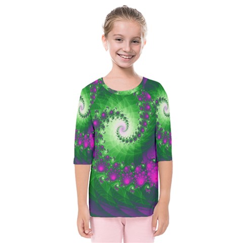 Fractal Spiral Purple Art Green Art Kids  Quarter Sleeve Raglan T-shirt by Proyonanggan