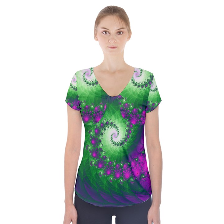 Fractal Spiral Purple Art Green Art Short Sleeve Front Detail Top