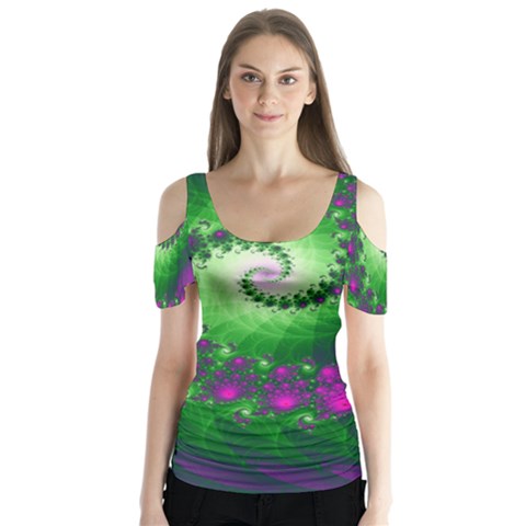 Fractal Spiral Purple Art Green Art Butterfly Sleeve Cutout T-shirt  by Proyonanggan