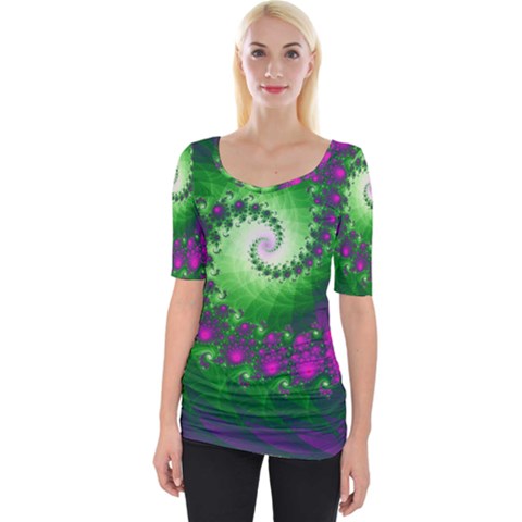 Fractal Spiral Purple Art Green Art Wide Neckline T-shirt by Proyonanggan