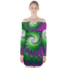 Fractal Spiral Purple Art Green Art Long Sleeve Off Shoulder Dress by Proyonanggan