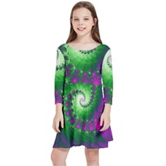 Fractal Spiral Purple Art Green Art Kids  Quarter Sleeve Skater Dress by Proyonanggan