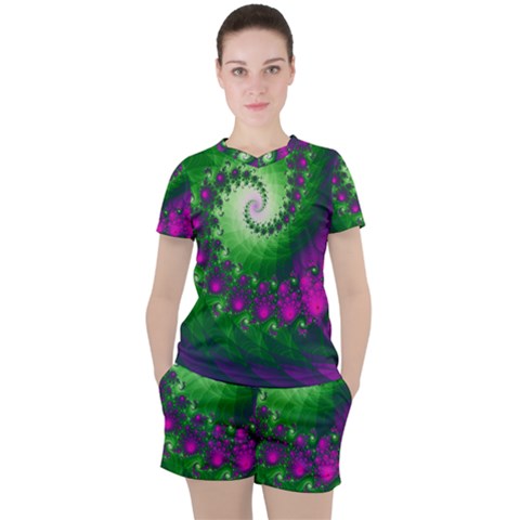 Fractal Spiral Purple Art Green Art Women s T-shirt And Shorts Set by Proyonanggan