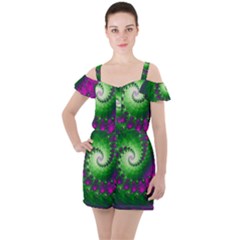 Fractal Spiral Purple Art Green Art Ruffle Cut Out Chiffon Playsuit by Proyonanggan