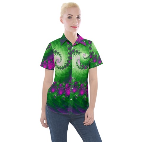 Fractal Spiral Purple Art Green Art Women s Short Sleeve Pocket Shirt by Proyonanggan