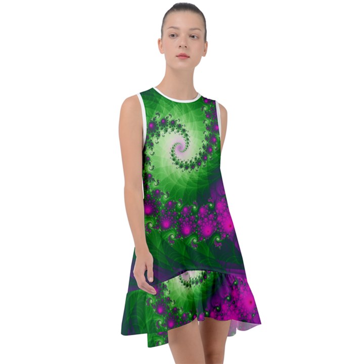 Fractal Spiral Purple Art Green Art Frill Swing Dress