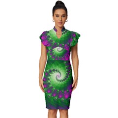 Fractal Spiral Purple Art Green Art Vintage Frill Sleeve V-neck Bodycon Dress by Proyonanggan