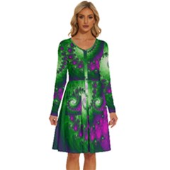 Fractal Spiral Purple Art Green Art Long Sleeve Dress With Pocket by Proyonanggan