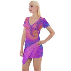 Fractal Art Artwork Magical Purple Short Sleeve Asymmetric Mini Dress by Proyonanggan