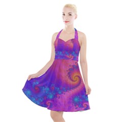 Fractal Art Artwork Magical Purple Halter Party Swing Dress  by Proyonanggan