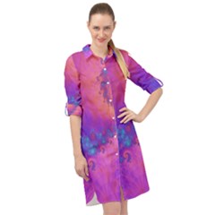 Fractal Art Artwork Magical Purple Long Sleeve Mini Shirt Dress by Proyonanggan