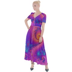 Fractal Art Artwork Magical Purple Button Up Short Sleeve Maxi Dress by Proyonanggan