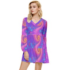 Fractal Art Artwork Magical Purple Tiered Long Sleeve Mini Dress by Proyonanggan