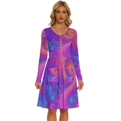 Fractal Art Artwork Magical Purple Long Sleeve Dress With Pocket by Proyonanggan