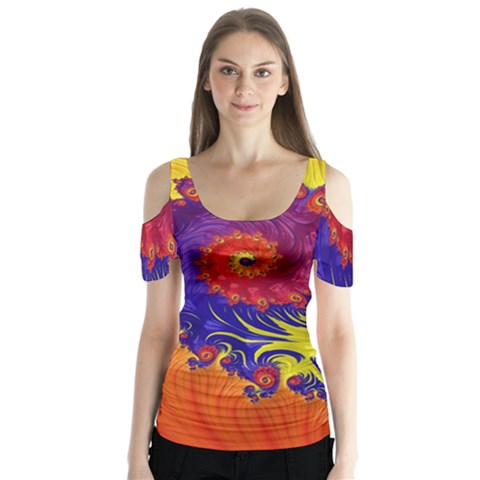 Fractal Spiral Bright Colors Butterfly Sleeve Cutout T-shirt  by Proyonanggan