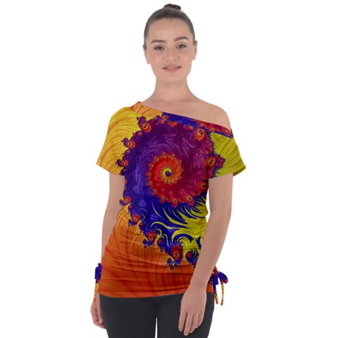 Fractal Spiral Bright Colors Off Shoulder Tie-up T-shirt by Proyonanggan