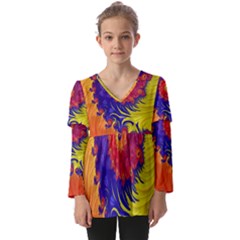 Fractal Spiral Bright Colors Kids  V Neck Casual Top by Proyonanggan