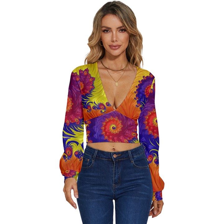 Fractal Spiral Bright Colors Long Sleeve Deep-V Velour Top