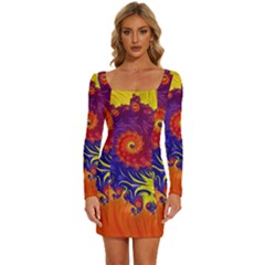 Fractal Spiral Bright Colors Long Sleeve Square Neck Bodycon Velvet Dress by Proyonanggan