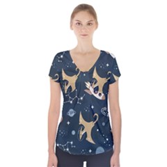 Space Theme Art Pattern Design Wallpaper Short Sleeve Front Detail Top by Proyonanggan