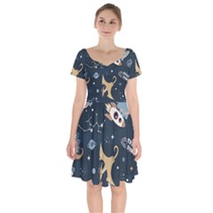 Space Theme Art Pattern Design Wallpaper Short Sleeve Bardot Dress by Proyonanggan