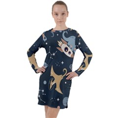 Space Theme Art Pattern Design Wallpaper Long Sleeve Hoodie Dress