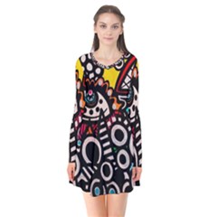 Multicolored Abstract Painting Colorful Long Sleeve V-neck Flare Dress by Grandong