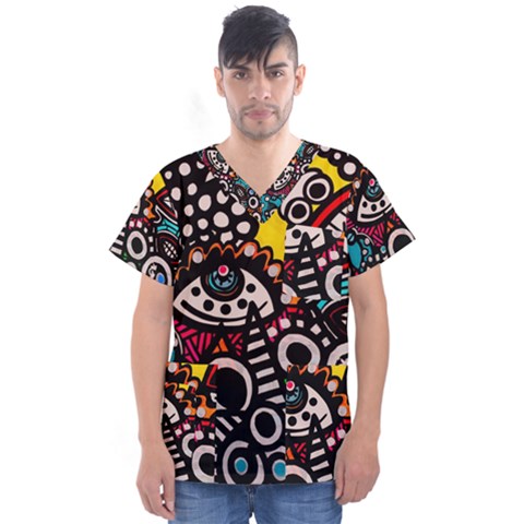 Multicolored Abstract Painting Colorful Men s V-neck Scrub Top by Grandong