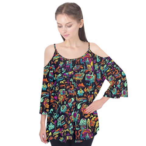 Multicolored Doodle Abstract Colorful Multi Colored Flutter Sleeve T-shirt  by Grandong