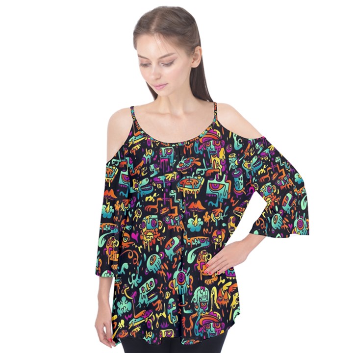 Multicolored Doodle Abstract Colorful Multi Colored Flutter Sleeve T-Shirt 